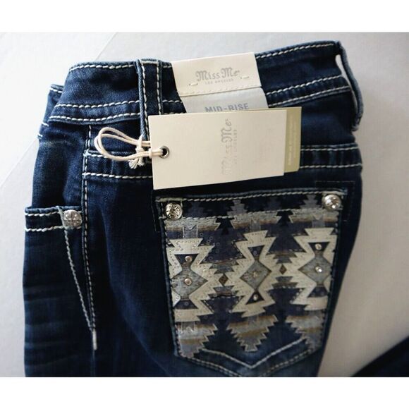 Miss Me M9176BV Women's Sz 26 Dark Blue Aztec Haze Mid-Rise Bootcut Jeans - Picture 10 of 14